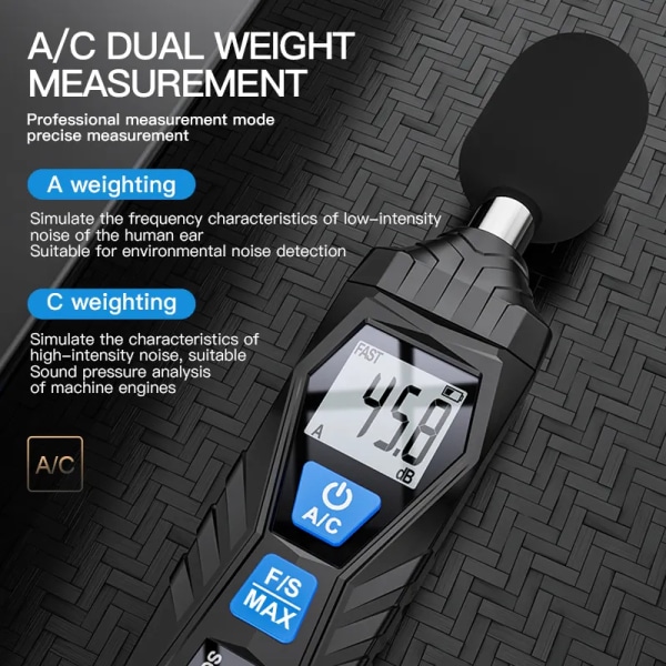 Decibel Meter, Digital Sound Level Meter Portable SPL Meter 30dB to 130dB MAX Data Hold with LCD Display Backlight A/C Weighted fo