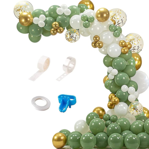 Green Balloon Garland Arch Kit, salvia Oliv Grönt Guld Metallic Confetti Vita Ballonger Kompatibel med Brud Vi