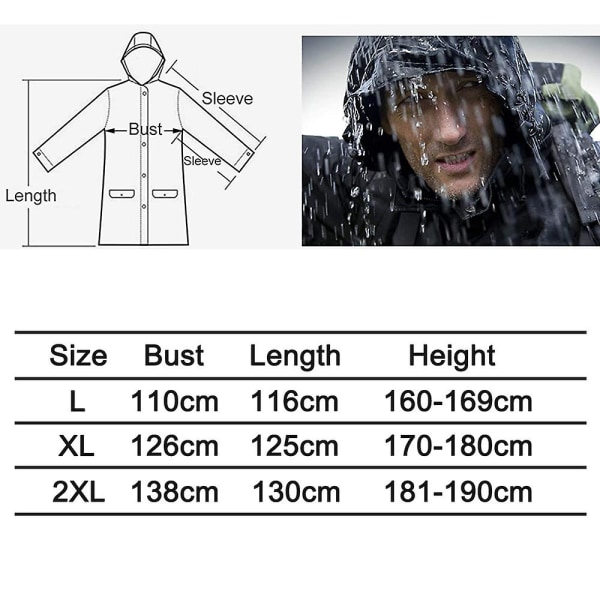 Lang regnfrakk med hette for voksne, regnjakke for menn, kvinner og ungdom XXL XXL