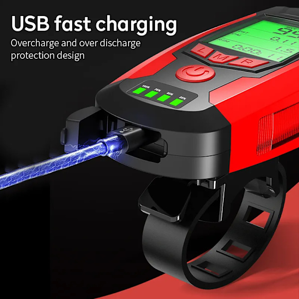 Pyörävalot, USB-ladattavat, erittäin kirkas etuvalo ja takana LED-pyörävalo yöajoon, 5 valotilaa, nopeusmittarilla