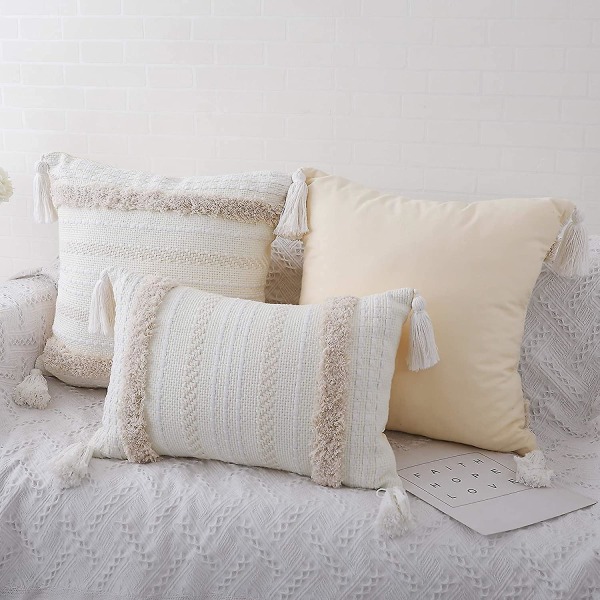 Nordisk Boheme Tassel Pudebetræk med Broderi til Sofa, Soveværelse, Stue, Seng Dekoration (hvid, 45x45cm)