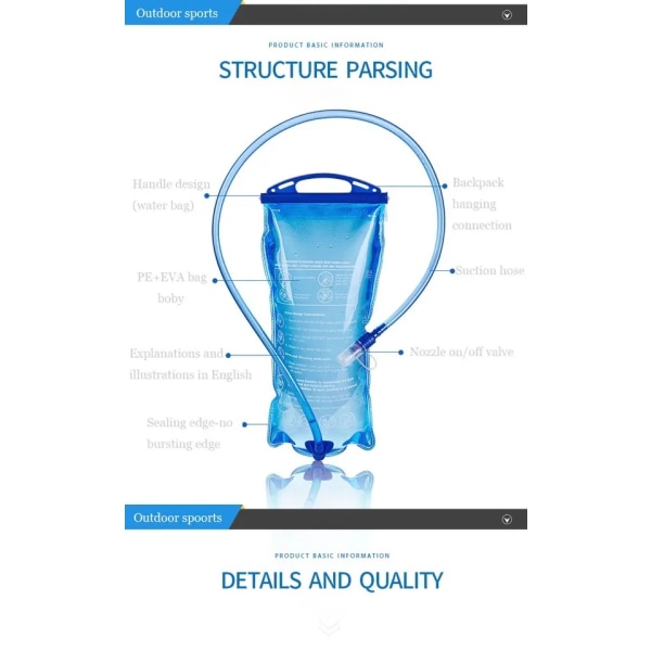 1,5 L Hydration Bladder - Veden säiliö, vedenpitävä säilytyspussi, mauton hydraulipussin vaihto ulkoilun vaellukseen