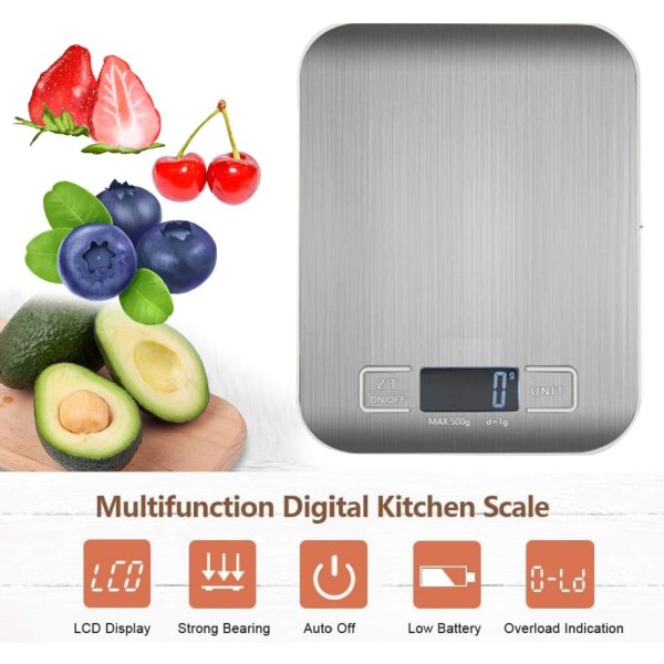Smart digital vekt med LCD-skjerm for kjøkken i rustfritt stål, 5 kg/11 lbs, multifunksjonell matvekt, sølvfarge, (batterier ikke inkludert)