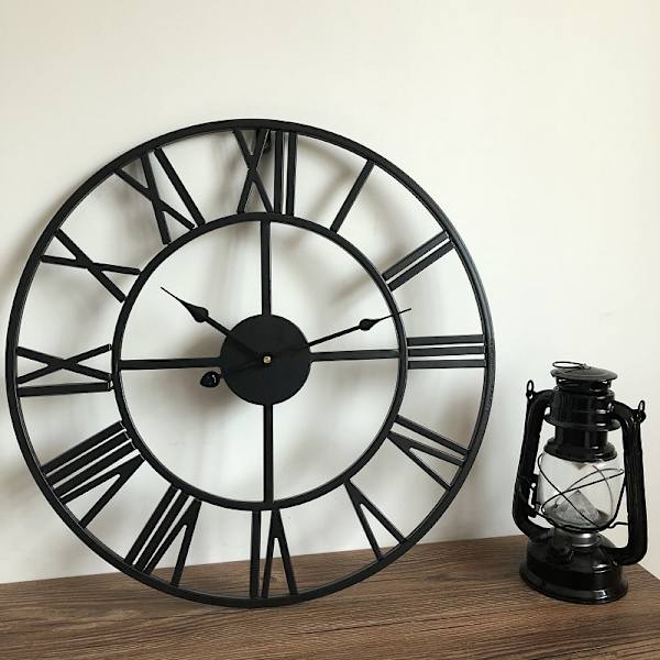 40cm Överstor Modern Svart Metall Romerska Siffror Nästan Tyst Liten Tickande Batteridriven Väggklocka för Vardagsrum, Kök