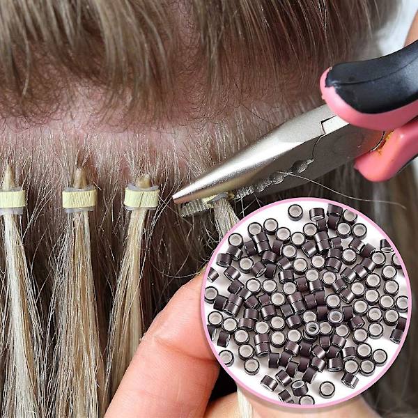 4-i-1-set 500 st Micro Ring-set Micro Ring-slinga Nål Micro Ring-tång Verktygssats för Hårförlängningar Tillbehör Mörkbrun Dark brown
