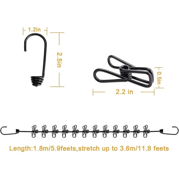 2 Bærbare Klesstrenger Med 12 Klesklyper, Bærbar Inntrekkbar Klesstreng, Innendørs Og Reisebruk, Elastisk Og Vindtett Klesstreng (Svart, Blå)