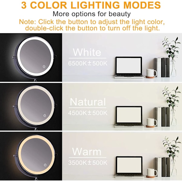 8 Tommer USB Genopladelig LED Væghængt Sminke Spejl 3 Farve Lys Dobbeltsidet 1x/10x Forstørrelsesspejl Berøringsskifte Smart Slukke 360 Svingbart Vanity Spejl