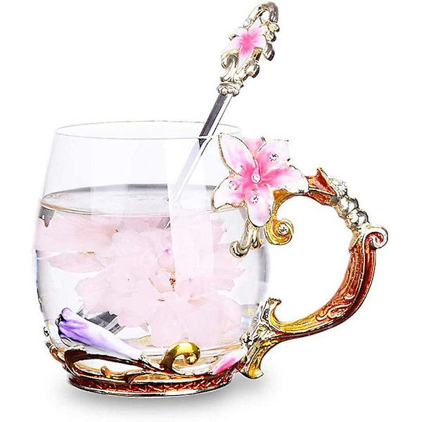 Emalleret Blomster Glas Kaffeekop Te Kopper Med Ske, Bedste Fødselsdagsgaver Bryllupsgaver Jubilæumsgaver Julegaver Til Kvinder Bedsteforældre Mor Te