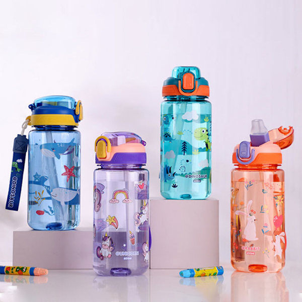RYI_Lasten juomapullo 600ml silikonipillillä ja dinosauruskuviolla, roisketiivis, ympäristöystävällinen muovi kesään Naranja 600ML
