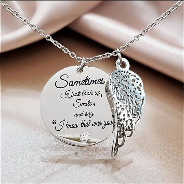 Ängelvinge Hängsmycke Halsband, Platinapläterad Graverad Minneskedja Halsbandssilver sliver