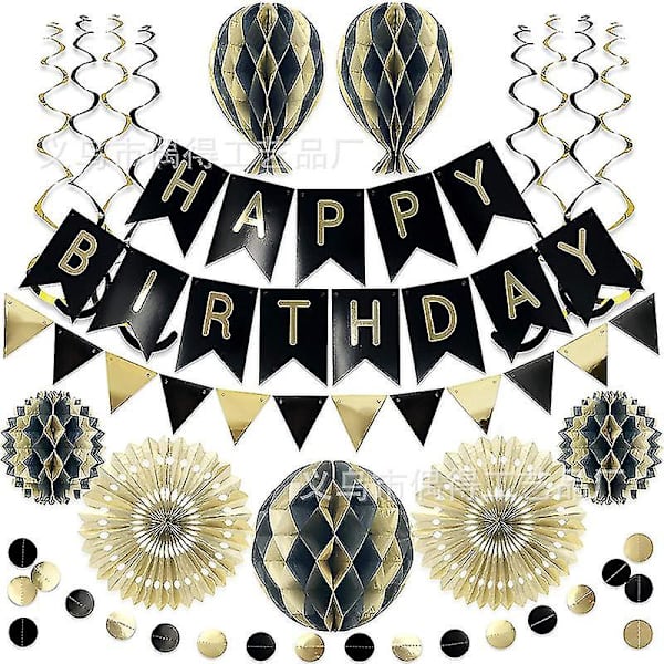 Premium-laatuinen uudelleenkäytettävä syntymäpäiväjuhlan koriste Happy Birthday -lippu, koristelu, musta kulta Black gold