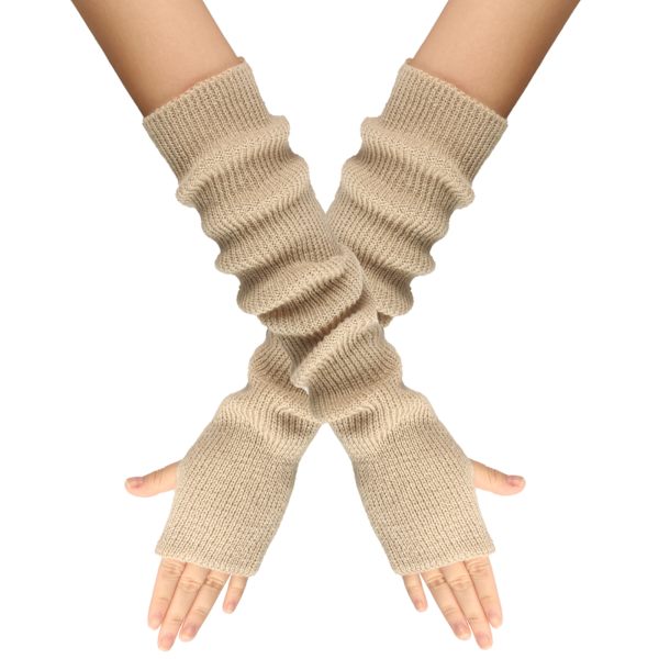 Kåshe-blandede armuvarmere, vinterfingerløse hansker, strikkede votter, håndleddsvarmere med tommelhull for kvinner Beige One size fits all