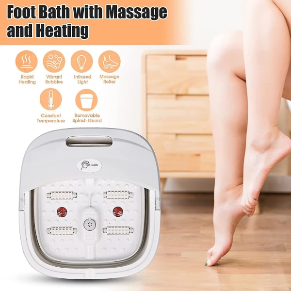 Fotbad med massage och uppvärmning, fotspa med 4 massagerullar, hopfällbar elektrisk fotmassager med vibrerande bubblor och infrarött ljus, lugnande