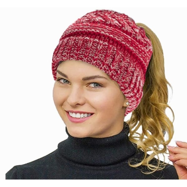 Hestehale til kvinder,Winter Warm Tail Soft Stretch Knit Messy High Bun Hat Hul top strikket uldhue