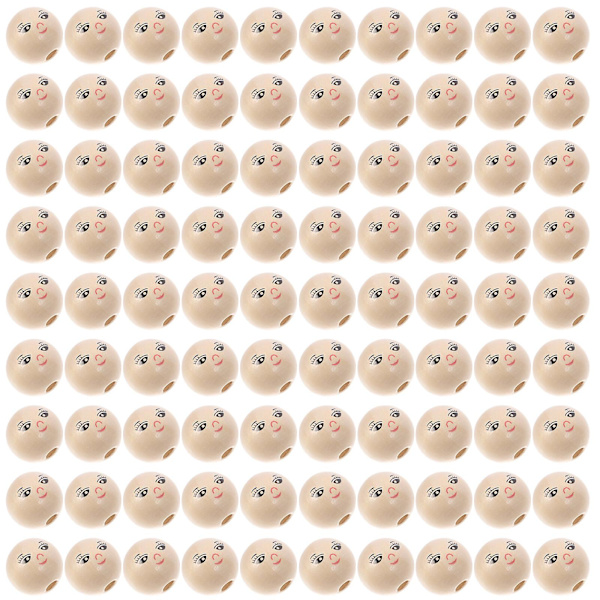 100 stk Runde Træperler DIY Snøreperle Tilbehør Grinende Ansigt Træperle (22mm)