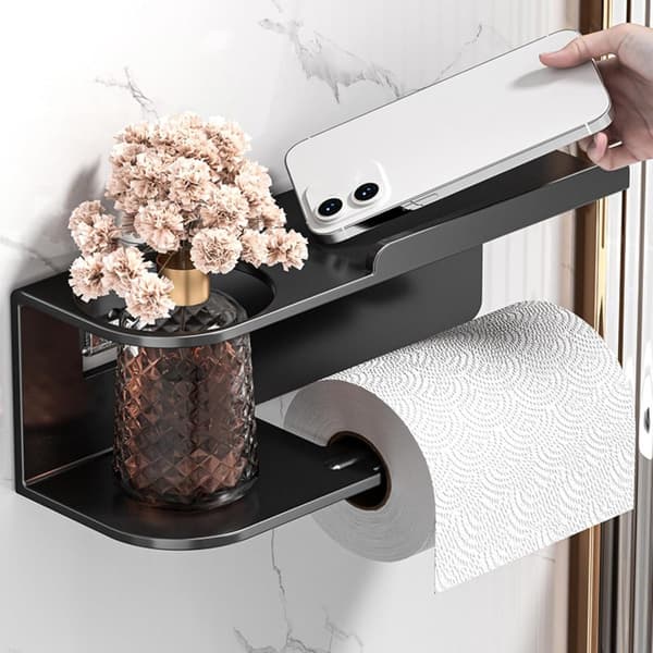 Toiletpapirholder med hylde, vægmonteret 304 rustfrit stål, selvklæbende eller skruemontering, til telefon og diffuser, sort til badeværelse