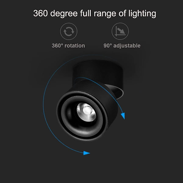 7w Loftlampe Led Downlight, Justerbar Lampe Kropsvinkel, Indendørs Loftlampe, 10*10*10 (sort+varmt hvid)