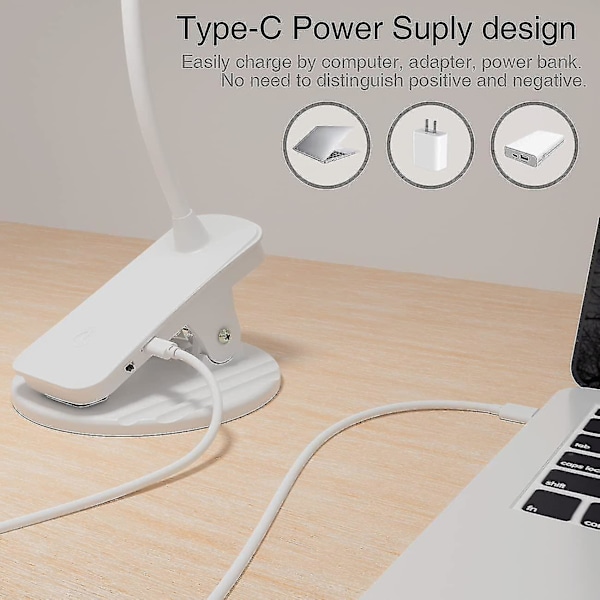 Sengeklemmelampe, 32 LED, 360 Fleksibel Leselampe, Bokklemme, 3 Farger Og Trinnløs Dimming, Sengelampe Med Berøringskontroll, USB Oppladbart Batteri, L