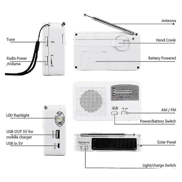 Nödradio med sol- och handvev, batteridriven USB-laddning, FM/AM-radio, LED-ficklampa, telefonladdare