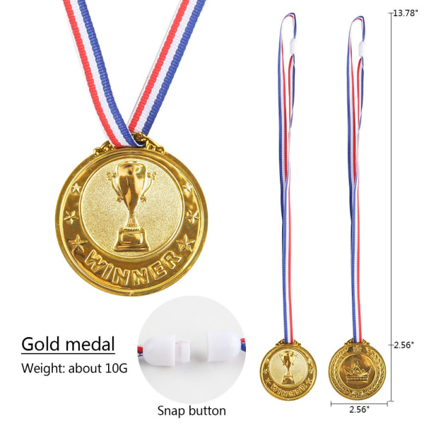 Set, 6 cm vardera, 3 pallmedaljer med halsband, guld, silver, brons, trofé, seger, leksak, sport, temafest, födelsedag