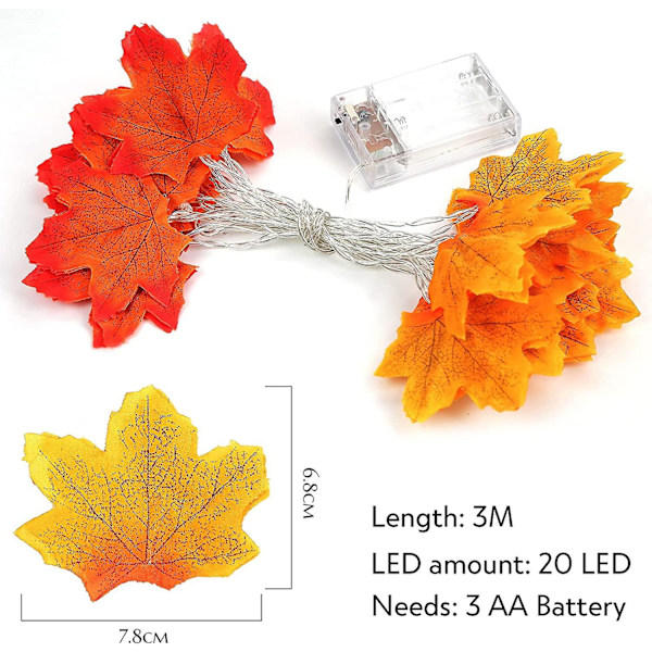 Lønneblade Feelyse, 3 Meter 20 LED Feelyse Lønneblad Efterårs Girlande Til Bryllup Hjem Efterår Jul Thanksgiving Ferie Udendørs Dekoration