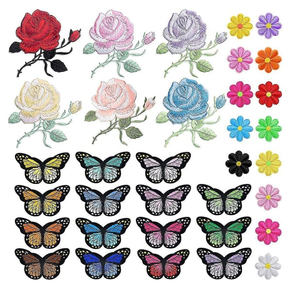 Rose-sommerfugllapper med 34 pakker som er kompatible med jakker, jeans, håndverk