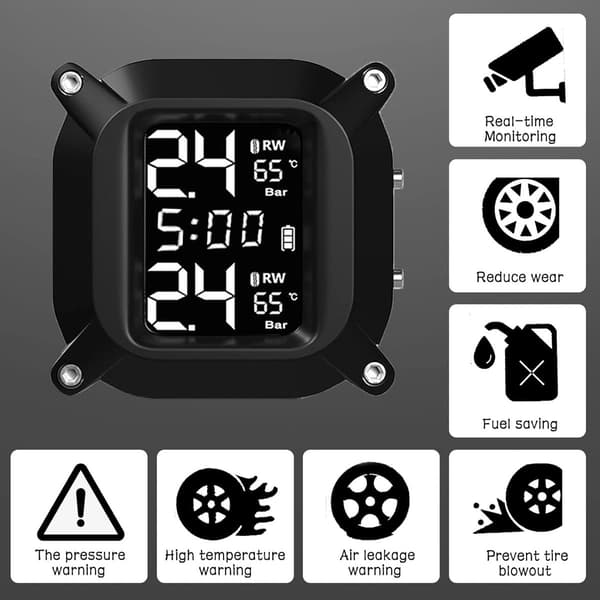 TPMS däcktrycksövervakningssystem med LCD-display, 2 externa trådlösa sensorer, realtidsvarningar, för motorcyklar, vattentätt
