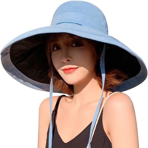Damhatt Solhatt Packbar Vändbar Bucket Hat UV-skydd Bredbrättad Sommar Strandkeps Ljusblå Lightblue