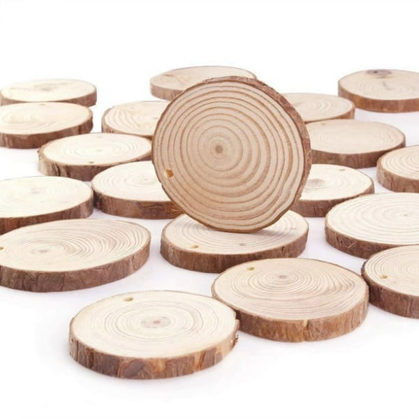 50 kpl Pyöreitä luonnonpuuviipaleita keskeneräisiä esiporattuja reiät puisia ympyröitä joulun hääkoristeet levyt köydellä