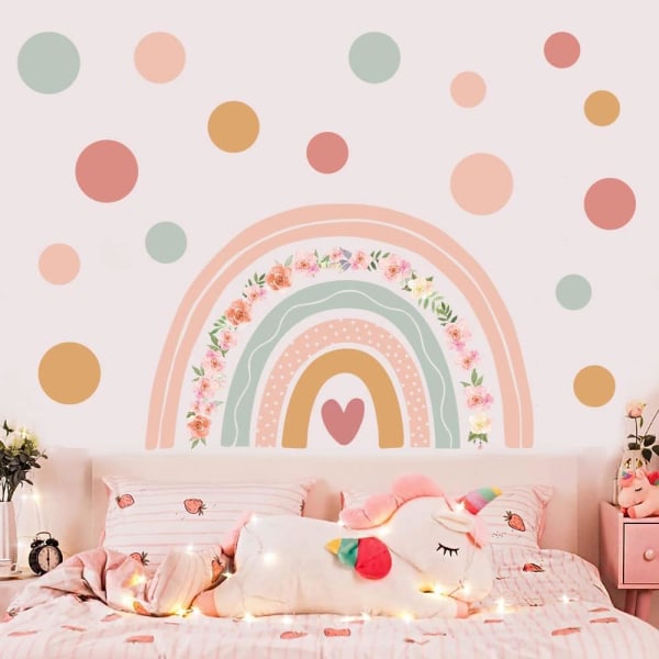 Regnbue Vægsticker Boho Polka Dot Vægsticker Rosa Blomster Vægsticker til Baby Piger Soveværelse Børneværelse Hjem Vægs Dekoration