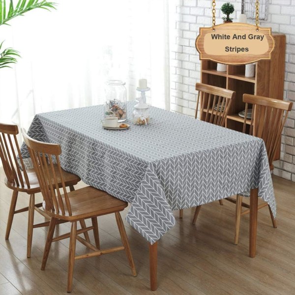 Rectangular cotton and linen tablecloth, dust-proof tablecloth, kitchen table and tablecloth 140x250CM (white and gray stripes)