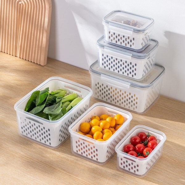 Kjøkken Kjøleskap Oppbevaringsboks Rektangulær Plast Dreneringskurv Dobbelt Lag Kjøleskap Oppbevaringsbeholder_xrzi Gray--Suit (850ml + 1750ml + 3300ml)