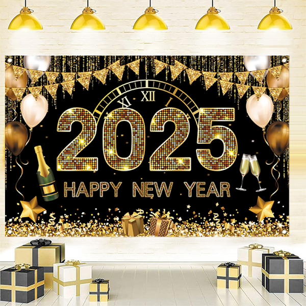 2025 Godt Nytår Baggrundsort Sort og Guld Nytårsbaggrund Prom Nytårsfestbanner Nytårsaften Festdekoration