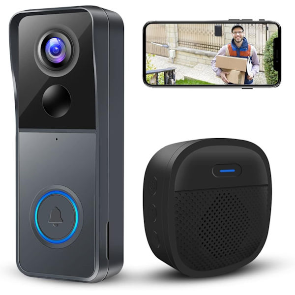 Trådlös dörrklocka med kamera och summer, videodörrklocka stöder 2.4G WiFi, tvåvägs ljud/röstkonvertering/PIR rörelsedetektering/145 °