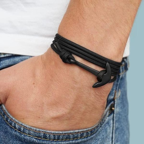 Klassiskt armband för män, svart rep med ankare, modeaccessoar, smycke, present
