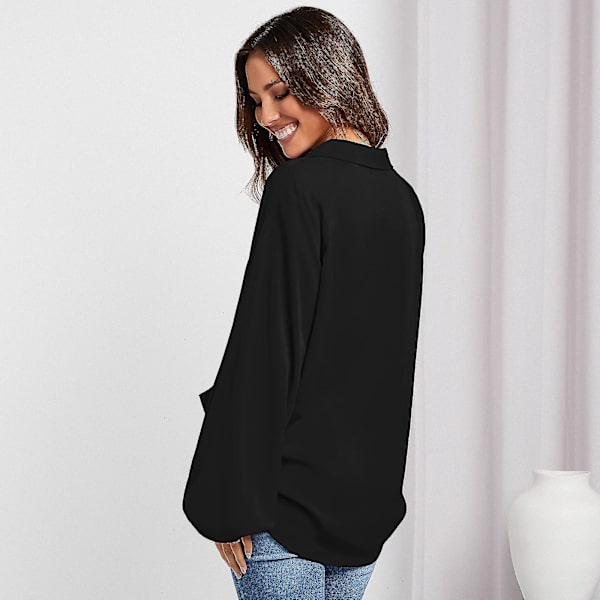 Damkoftor Lång Lykta Ärm V-ringad Design Sense Niche Högkvalitativ Lös Topp Svart Black S