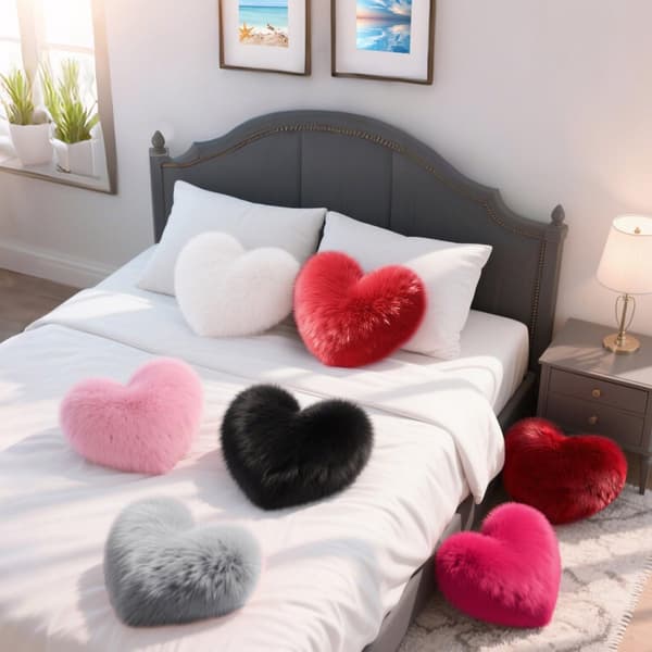 Hvid hjerteformet pyntepude, blød fluffy imiteret pels dekorativ pude til seng sofa, plys gave til Valentinsdag, 20 x 16 tommer