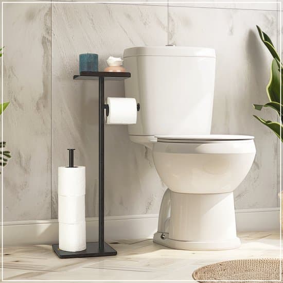 Fritstående toiletpapirholder 3 i 1 med hylde og opbevaring til reservepapir, ingen boring, rustfrit stål gulvstativ til badeværelset, sort