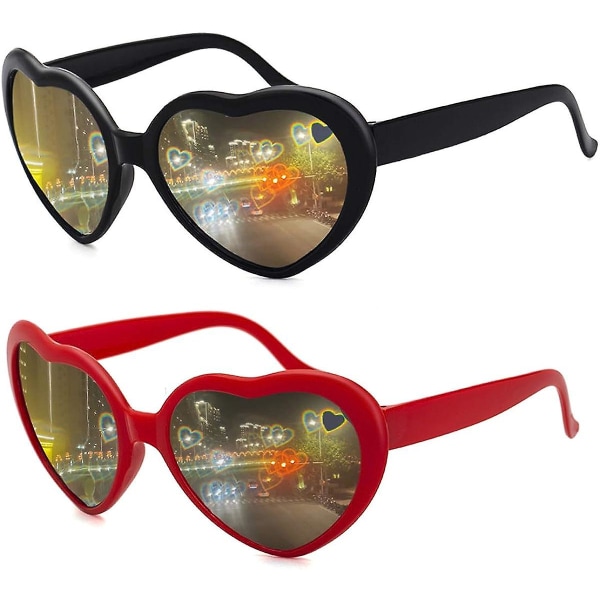 Hjerte Solbriller For Kvinner Menn Festival Party Rave Lysendrende Hjerte Effekt Diffraksjonsbriller Uv400 Beskyttelse Svart Rød Black red