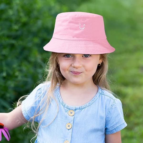 Vendbar solhat til børn, bred skygge, smiley-broderi, åndbar, til drenge og piger i alderen 2-8 år, lilla/pink, 56-58 cm