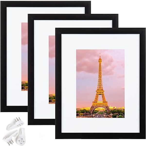 Bildramsset 8x10, 3-pack, tillverkad av högupplöst glas för 5x7 med passepartout eller 8x10 utan passepartout, väggmonterade fotoramar, svart