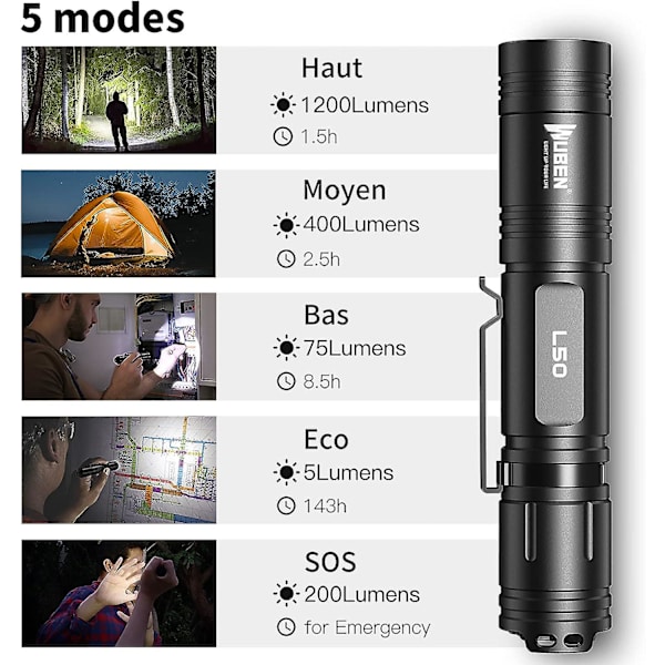 L50 Ultra Kraftful LED Lommelygte, Genopladelig 1200 Lumen Vandtæt Med Hukommelsesfunktion Militær Taktisk Lommelygte, 5 Tilstande, Til Camping, Vandreture
