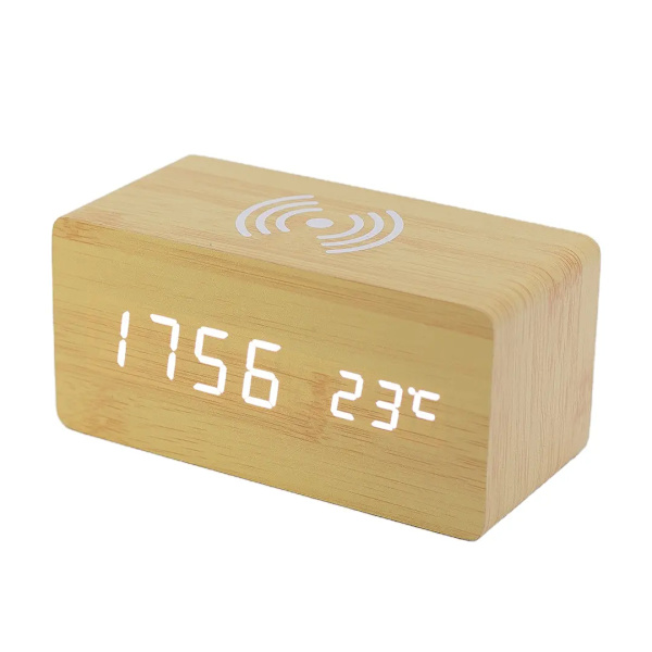Digital Träväckarklocka med Trådlös Laddning, Dimmer, Dubbel Alarm, Vardag/Helg-läge, Trä LED-Klockor för Sovrum, Sängbord, Skrivbord, Barn (Vit