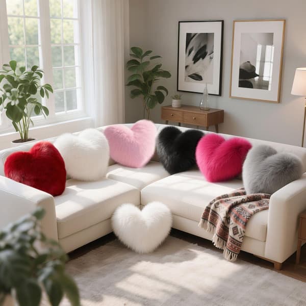 Hvid hjerteformet pyntepude, blød fluffy imiteret pels dekorativ pude til seng sofa, plys gave til Valentinsdag, 20 x 16 tommer