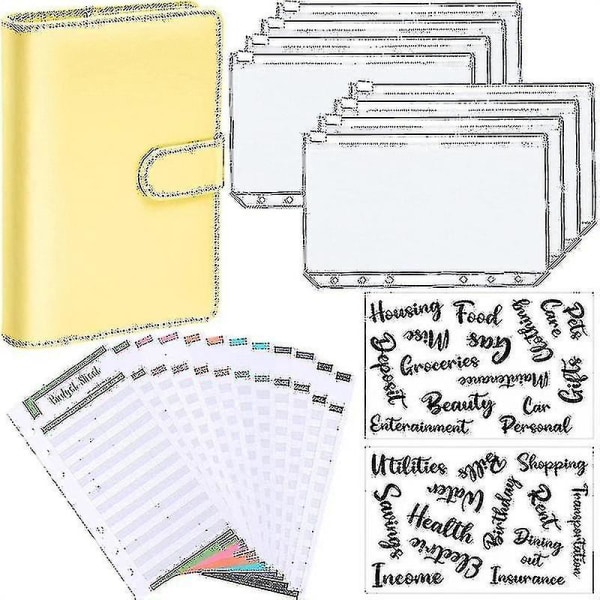 A6-pärm Budget Planner Notebook-omslag Mappstorlek 6-hålsfickor Plast Dragkedja Pengar Sparande Kuvert Gul Yellow