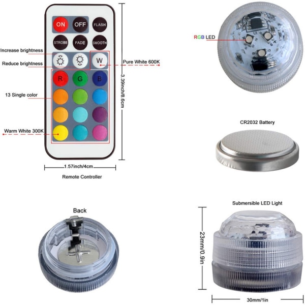 Mini undervanns LED-lys med fjernkontroll, små undervanns-telys, vanntette lanterner, dekorasjonsbelysning (10 stk)