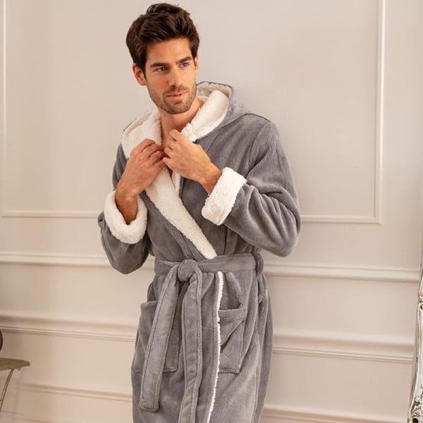 Männs morgonrock, Stor och Lång Plüsch Fleece Huvad Badrock med Två Stora Framfickor - 2XL - Badrock Hemkläder Nattkläder