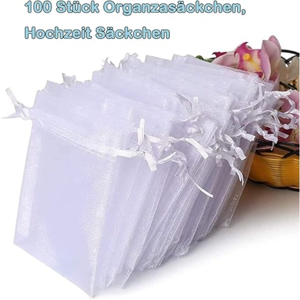 Pakke med 100 hvite organzaposer, 7 x 9 cm, organza gavepose, smykkepose, bryllupsposer, lavendelposer, bryllupsgave