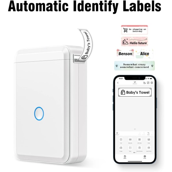 Bluetooth termisk etiketmaskine med tape, bærbar blækfri etiketprinter håndholdt og genopladelig med flere skabeloner til