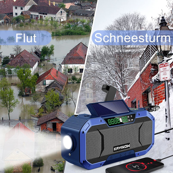 RY-Solarradio - Bluetooth-högtalare, IPX5 Vattentät Bärbar AM-FM Överlevnadsradio, 5000mAh Uppladdningsbart Batteri Multifunktionell Nödradio, Blå